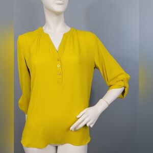Soho Jeans NYC Chartreuse Button-Up Blouse XS 3/4 Sleeve Y2K Workwear Vibes